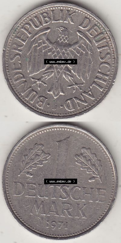 BRD Münzen 1 DM, Umlaufmünze 1950-2001, 1 DM Deutsche Mark, 1971 J-2. Vorderseite und Rückseite auf einen digitalen Bild /... Sammlung