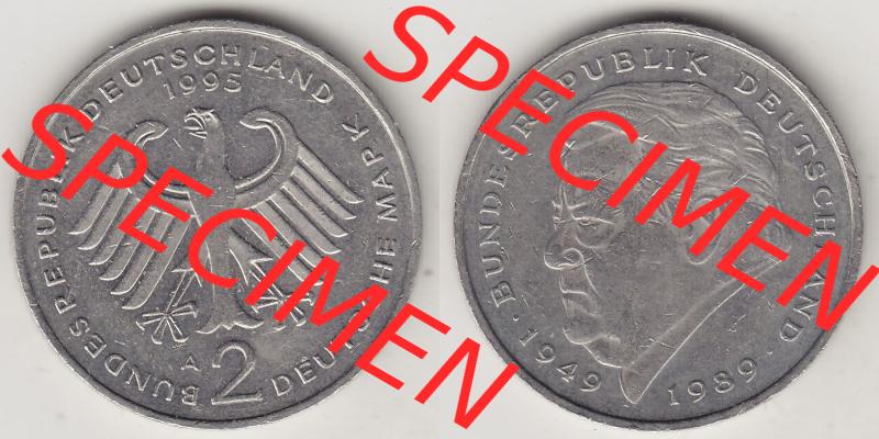 BRD Münzen 2 DM Gedenkmünze 1991-2001, 2 DM, Deutsche Mark Franz Josef Strauß 1995 A-1. Vorderseite und Rückseite der Münze aus Deutschland Sammlung