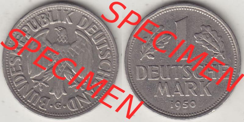 BRD Münzen 1 DM, Umlaufmünze 1950-2001, 1 DM Deutsche Mark, 1950 G-1. Vorderseite und Rückseite der Münze aus Deutschland Sammlung