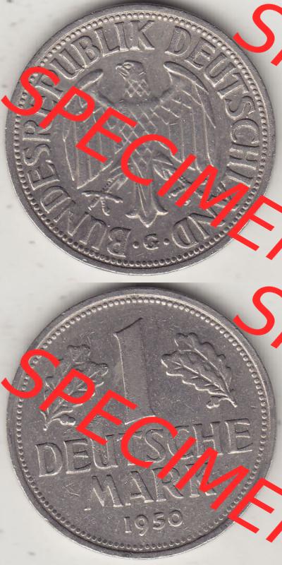 BRD Münzen 1 DM, Umlaufmünze 1950-2001, 1 DM Deutsche Mark, 1950 G-3. Vorderseite und Rückseite auf einen digitalen Bild / Foto der Münze aus Deutschland,... Sammlung