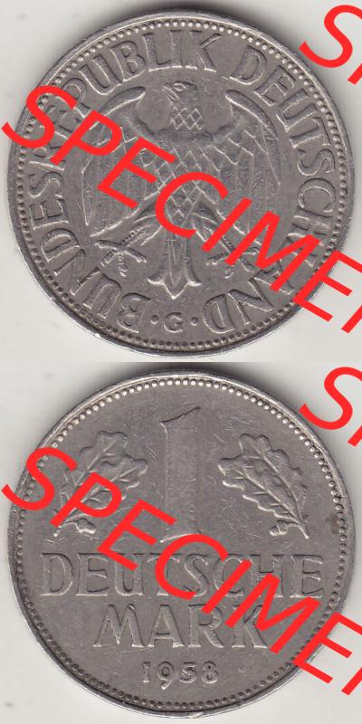 BRD Münzen 1 DM, Umlaufmünze 1950-2001, 1 DM Deutsche Mark, 1958 G-1. Vorderseite und Rückseite auf einen digitalen Bild / Foto der Münze aus Deutschland,... Sammlung