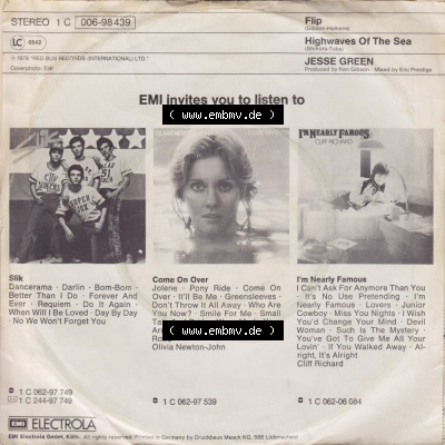 Schallplatten EMI Electrola 1976, Jesse Green mit Flip und Highwaves Of The Sea. Rückseite der Schallplatte aus privater Sammlung,... Sammlung
