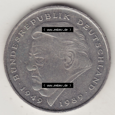 BRD Münzen 2 DM Gedenkmünze 1991-2001, 2 DM, Deutsche Mark Franz Josef Strauß 1991 A-1. Rückseite der Münze aus Deutschland Sammlung