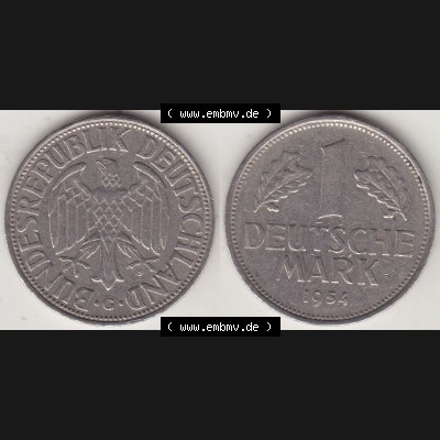 BRD Münzen 1 DM, Umlaufmünze 1950-2001, 1 DM Deutsche Mark, 1954 G-2. Vorderseite und Rückseite der Münze aus Deutschland Sammlung