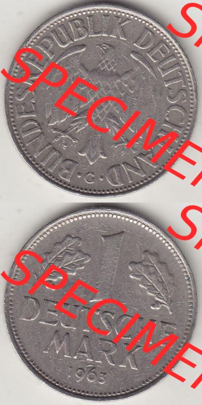 BRD Münzen 1 DM, Umlaufmünze 1950-2001, 1 DM Deutsche Mark, 1963 G-1. Vorderseite und Rückseite auf einen digitalen Bild / Foto der Münze aus Deutschland,... Sammlung