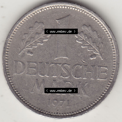 BRD Münzen 1 DM, Umlaufmünze 1950-2001, 1 DM Deutsche Mark, 1971 D-1. Rückseite der Münze aus Deutschland Sammlung