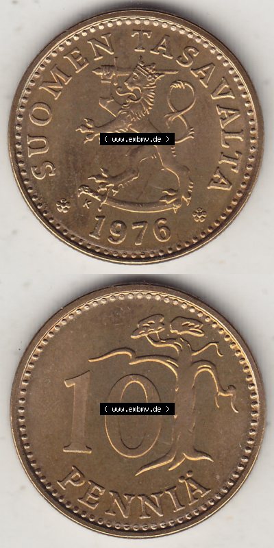 Münzen Finnland / SUOMI Eurovorläufer, Umlaufmünze vor Euroeinführung 1963-1982, 10 Penny, Penniä 1976, SUOMEN TASAVALTA... Sammlung