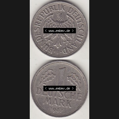 BRD Münzen 1 DM, Umlaufmünze 1950-2001, 1 DM Deutsche Mark, 1967 J-1. Vorderseite und Rückseite auf einen digitalen Bild / Foto der Münze aus Deutschland,... Sammlung