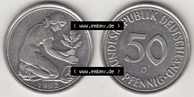Münzen Deutschland 50 Pfennig der Deutschen Mark 1950-2001, 50 Pfennig 1992 D-1 (3) Sammlung