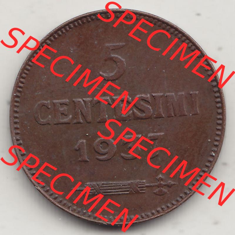 Bildmaterial Münzen aus San Marino vor 1950, 1935-1938, 5 Centesimi, Cent-Wert 1937-1, LIBERTAS REPUBBLICA DI S. MARINO, 5 CENTESIMI (2) Sammlung