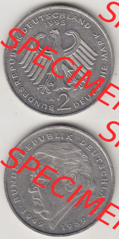 BRD Münzen 2 DM Gedenkmünze 1991-2001, 2 DM, Deutsche Mark Franz Josef Strauß 1995 A-1. Vorderseite und Rückseite auf einen digitalen Bild / Foto der Münze... Sammlung