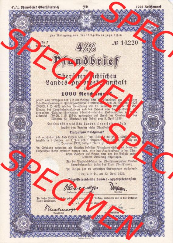 Alte Wertpapiere Österreich im Deutschen Reich 1939, Reihe 1, Buchstabe B, 4.5 Prozent Pfandbrief, Zur Anlegung von Mündelgeldern zugelassen, Oberösterreichischen... Sammlung