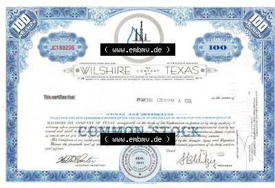 Alte Wertpapiere Amerikanische Öl-Gesellschaften 1968, Wilshire Oil Company of Texas, This certifies that 100 Shares-Aktien-Zertifikat... Sammlung