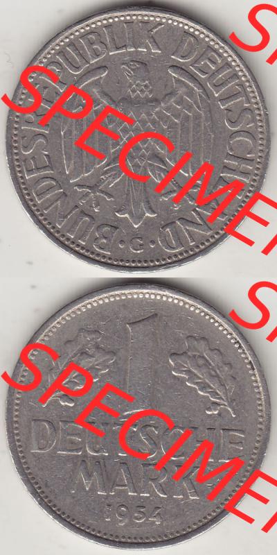 BRD Münzen 1 DM, Umlaufmünze 1950-2001, 1 DM Deutsche Mark, 1954 G-2. Vorderseite und Rückseite auf einen digitalen Bild / Foto der Münze aus Deutschland,... Sammlung