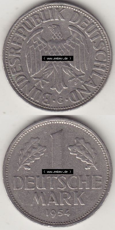 BRD Münzen 1 DM, Umlaufmünze 1950-2001, 1 DM Deutsche Mark, 1954 G-3. Vorderseite und Rückseite auf einen digitalen Bild /... Sammlung