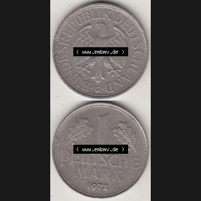 BRD Münzen 1 DM, Umlaufmünze 1950-2001, 1 DM Deutsche Mark, 1972 G-3. Vorderseite und Rückseite auf einen digitalen Bild / Foto der Münze aus Deutschland,... Sammlung