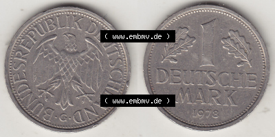 BRD Münzen 1 DM, Umlaufmünze 1950-2001, 1 DM Deutsche Mark, 1978 G-1. Vorderseite und Rückseite der Münze aus Deutschland Sammlung