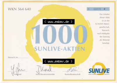 Alte Wertpapiere Bundesrepublik Deutschland in Deutscher Mark WKN 564 640, 1000 SUNLIVE-AKTIEN, Starzach (2) Sammlung