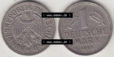 BRD Münzen 1 DM, Umlaufmünze 1950-2001, 1 DM Deutsche Mark, 1950 F-4. Vorderseite und Rückseite der Münze aus Deutschland Sammlung