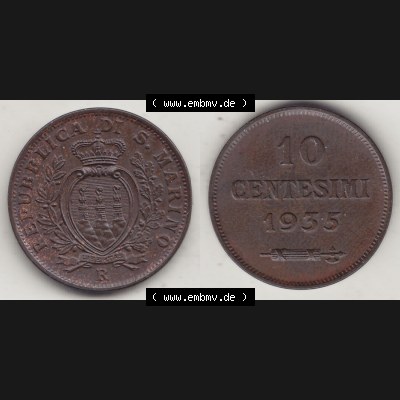 Bildmaterial Münzen aus San Marino vor 1950, 1935-1938, 10 Centesimi, (Cent-Wert), 1935-1, LIBERTAS REPUBBLICA DI S. MARINO, 10 CENTESIMI 1935... Sammlung