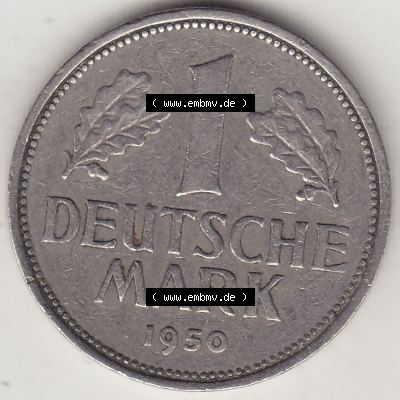 BRD Münzen 1 DM, Umlaufmünze 1950-2001, 1 DM Deutsche Mark, 1950 F-6. Rückseite der Münze aus Deutschland Sammlung