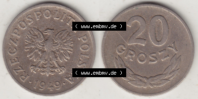 Münzen Republik Polen Eurovorläufer, Umlaufmünze 1949-1949, 20 Groszy, Groschen, Kupfernickel-Legierung 1949. Vorderseite und... Sammlung