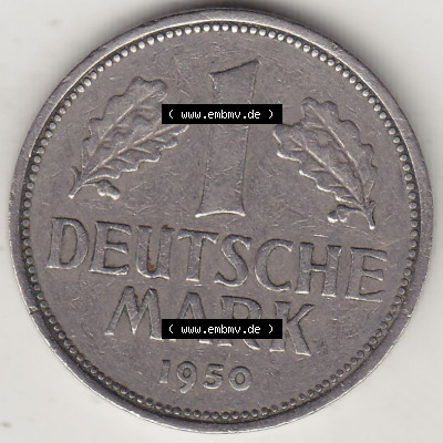 BRD Münzen 1 DM, Umlaufmünze 1950-2001, 1 DM Deutsche Mark, 1950 F-6. Rückseite der Münze aus Deutschland Sammlung