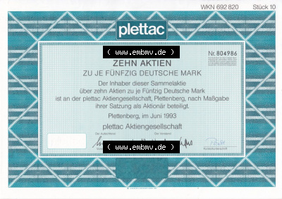 Alte Wertpapiere Bundesrepublik Deutschland in Deutsche Mark 1993, 50 DM, Zehn Aktien zu je Fünfzig Deutsche Mark, plettac Aktiengesellschaft... Sammlung