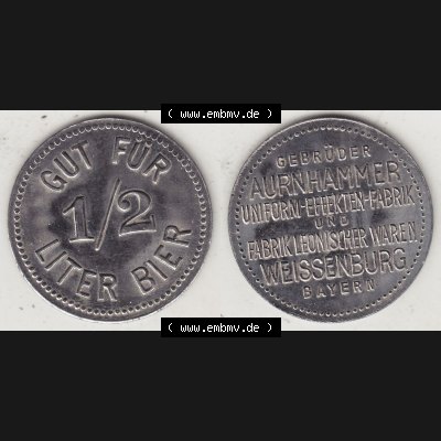 Alte Biermarken Allgemein Gut für 1/2 Liter Bier, Gebrüder Aurnhammer Uniform-EEEEKTEN-Fabrik, Bayern. Vorderseite und Rückseite auf einen digitalen Bild einer Biermarke.... Sammlung