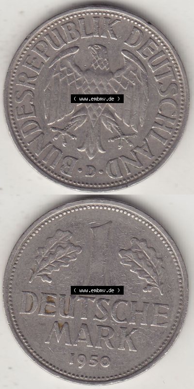 BRD Münzen 1 DM, Umlaufmünze 1950-2001, 1 DM Deutsche Mark, 1950 D-4. Vorderseite und Rückseite auf einen digitalen Bild /... Sammlung
