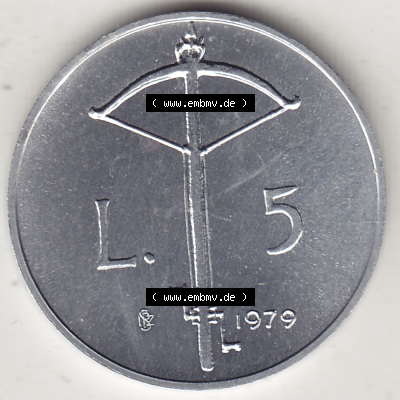 Aus offiziellen Münzensatz / KMS 1979 San Marino vor Euro 1979-1979, 5 Lire, LIBERTAS REPVBBLICA DI S. MARINO, 1979 L.5 (2) Sammlung