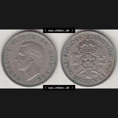 Alte Münzen Großbritannien Eurovorläufer, Umlaufmünze vor Euroeinführung 1947-1948, 2 Schilling-Florin, Two Shillings, 1947-1, George VI, GEORGIVS... Sammlung