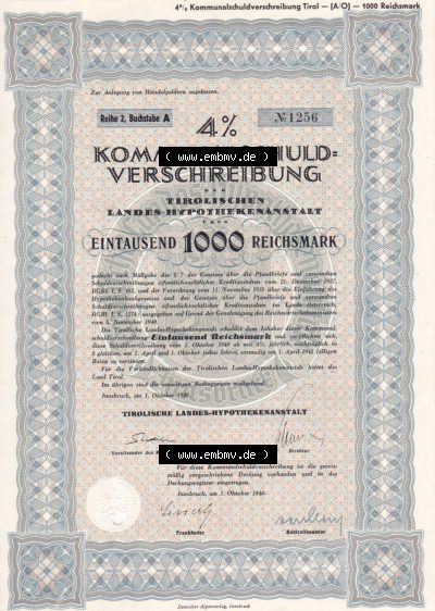 Alte Wertpapiere Österreich im Deutschen Reich 1940, Tirol Kommunalschuldverschreibung, Tirolische Landes-Hypothekenanstalt über... Sammlung