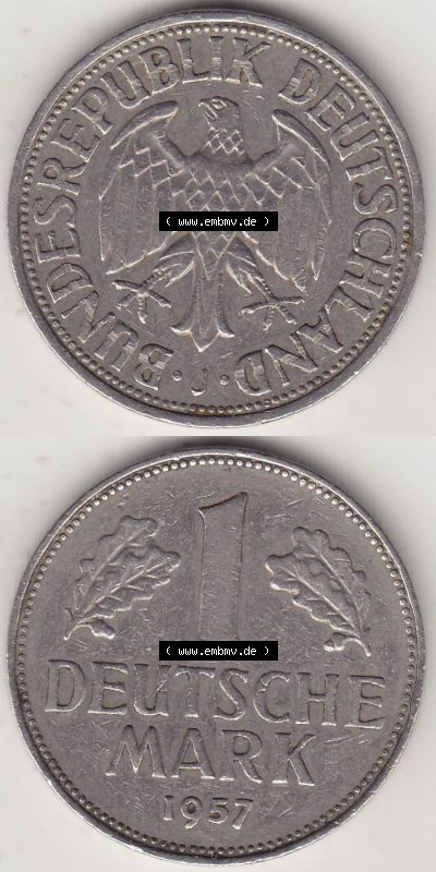 BRD Münzen 1 DM, Umlaufmünze 1950-2001, 1 DM Deutsche Mark, 1957 J-1. Vorderseite und Rückseite auf einen digitalen Bild /... Sammlung