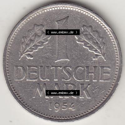 BRD Münzen 1 DM, Umlaufmünze 1950-2001, 1 DM Deutsche Mark, 1954 G-1. Rückseite der Münze aus Deutschland Sammlung