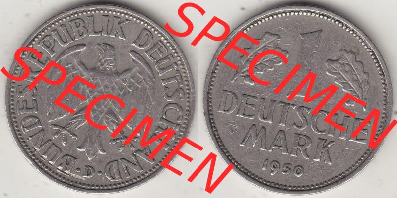 BRD Münzen 1 DM, Umlaufmünze 1950-2001, 1 DM Deutsche Mark, 1950 D-2. Vorderseite und Rückseite der Münze aus Deutschland Sammlung