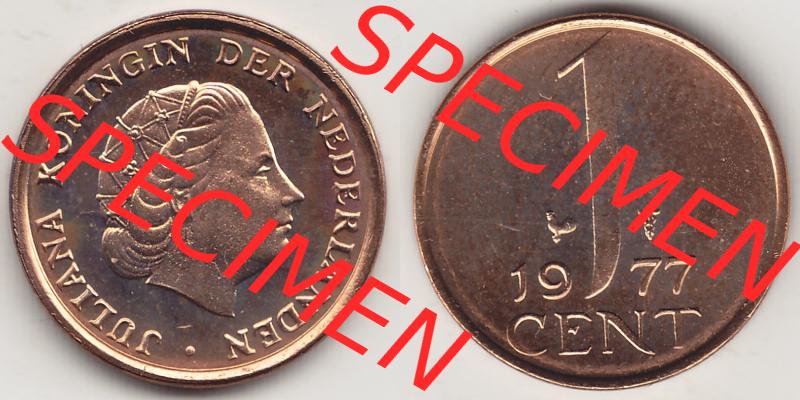 Aus offiziellen Münzensatz / KMS 1977 Niederlande 1950-1980, 1 Cent, 1977-1, JULIANA KONINGIN DER NEDERLANDEN. Vorderseite und Rückseite aus den Niederlanden Sammlung
