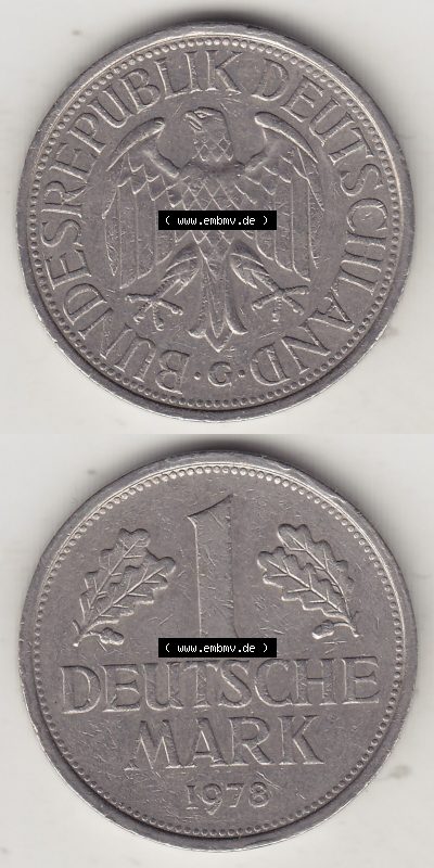 BRD Münzen 1 DM, Umlaufmünze 1950-2001, 1 DM Deutsche Mark, 1978 G-2. Vorderseite und Rückseite auf einen digitalen Bild /... Sammlung