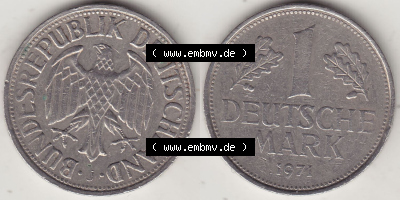 BRD Münzen 1 DM, Umlaufmünze 1950-2001, 1 DM Deutsche Mark, 1971 J-2. Vorderseite und Rückseite der Münze aus Deutschland Sammlung
