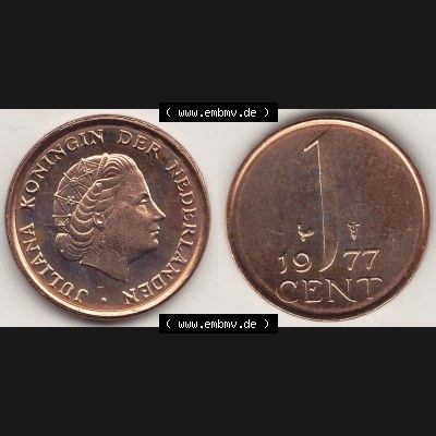 Aus offiziellen Münzensatz / KMS 1977 Niederlande 1950-1980, 1 Cent, 1977-1, JULIANA KONINGIN DER NEDERLANDEN. Vorderseite und Rückseite aus den Niederlanden Sammlung