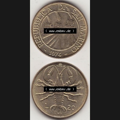 Aus offiziellen Münzensatz / KMS 1974 San Marino vor Euro 1974-1974, 20 Lire, L.20 MINGUZZI MONASSI INC. (4) Sammlung