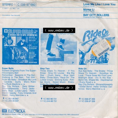 Schallplatten EMI Electrola 1976, Bay City Rollers mit Love Me Like I Love You und Mama Li. Rückseite der Schallplatte aus privater... Sammlung