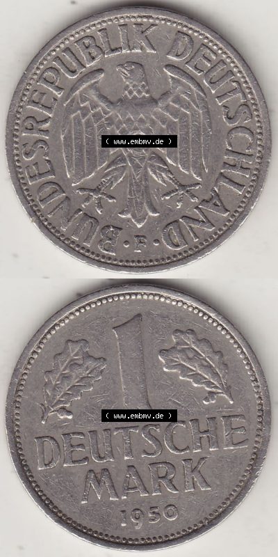 BRD Münzen 1 DM, Umlaufmünze 1950-2001, 1 DM Deutsche Mark, 1950 F-4. Vorderseite und Rückseite auf einen digitalen Bild /... Sammlung