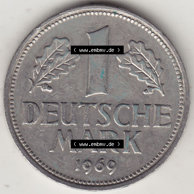 BRD Münzen 1 DM, Umlaufmünze 1950-2001, 1 DM Deutsche Mark, 1969 D-1. Rückseite der Münze aus Deutschland Sammlung