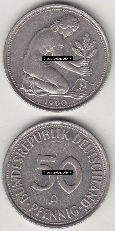 Münzen Deutschland 50 Pfennig der Deutschen Mark 1950-2001, 50 Pfennig 1990 D-1 (4) Sammlung