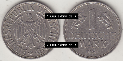 BRD Münzen 1 DM, Umlaufmünze 1950-2001, 1 DM Deutsche Mark, 1950 F-1. Vorderseite und Rückseite der Münze aus Deutschland Sammlung