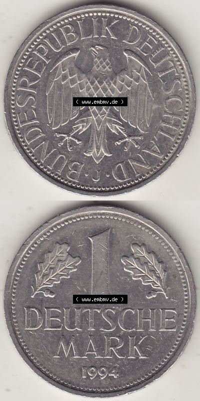 BRD Münzen 1 DM, Umlaufmünze 1950-2001, 1 DM Deutsche Mark, 1994 J-1. Vorderseite und Rückseite auf einen digitalen Bild /... Sammlung