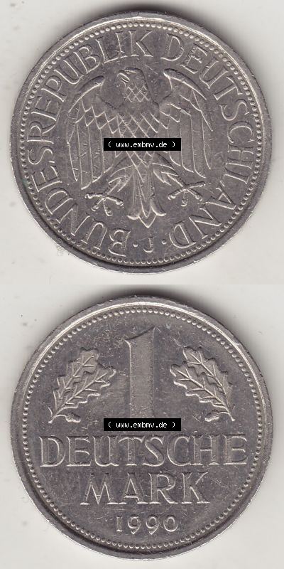 BRD Münzen 1 DM, Umlaufmünze 1950-2001, 1 DM Deutsche Mark, 1990 J-1. Vorderseite und Rückseite auf einen digitalen Bild /... Sammlung