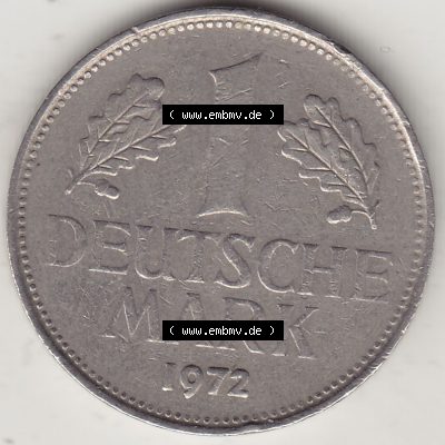 BRD Münzen 1 DM, Umlaufmünze 1950-2001, 1 DM Deutsche Mark, 1972 G-2. Rückseite der Münze aus Deutschland Sammlung