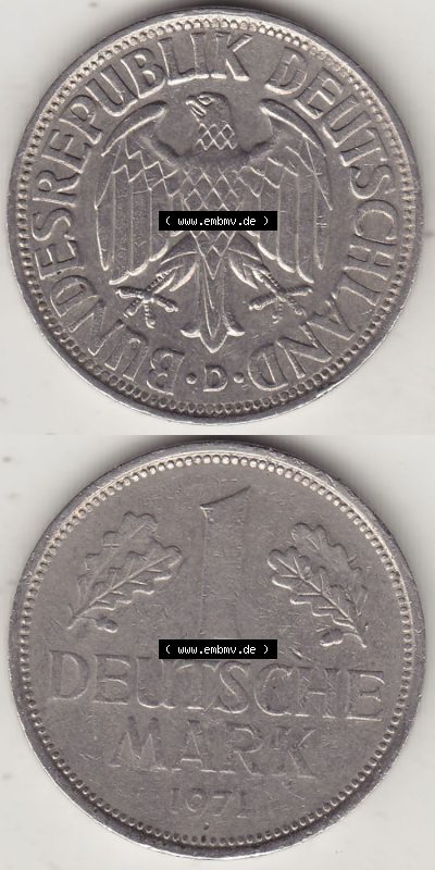 BRD Münzen 1 DM, Umlaufmünze 1950-2001, 1 DM Deutsche Mark, 1971 D-1. Vorderseite und Rückseite auf einen digitalen Bild /... Sammlung
